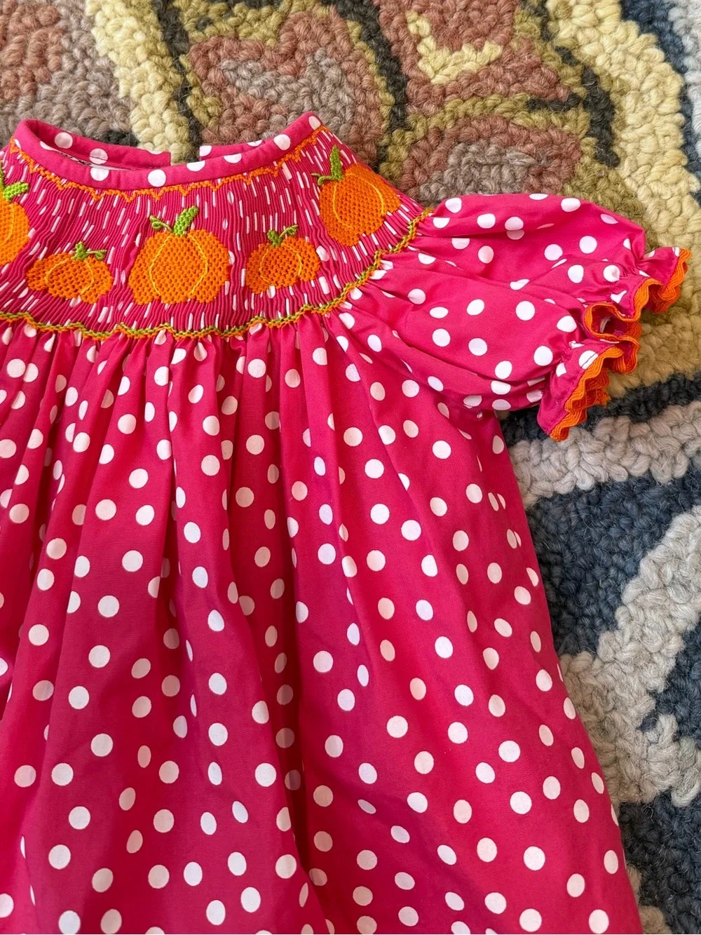 Girls' Pink Polka Dot Smocked Dress Pumpkin Embroidery 3 Months Cecil & Lou